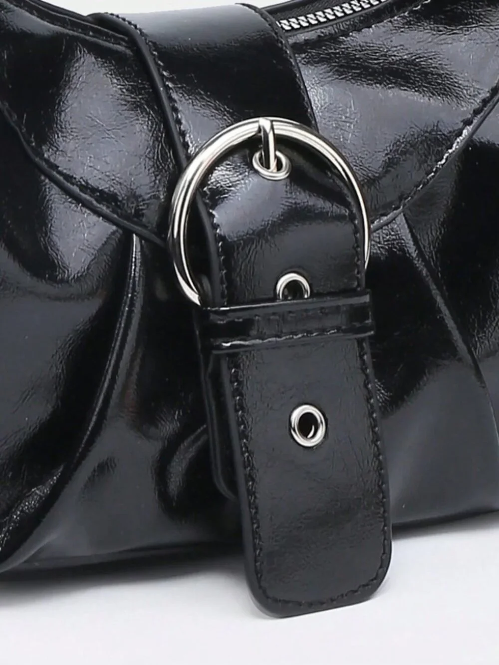 Black Studded Y2K Baguette Bag Vegan Leather Zip Top Handle Purse